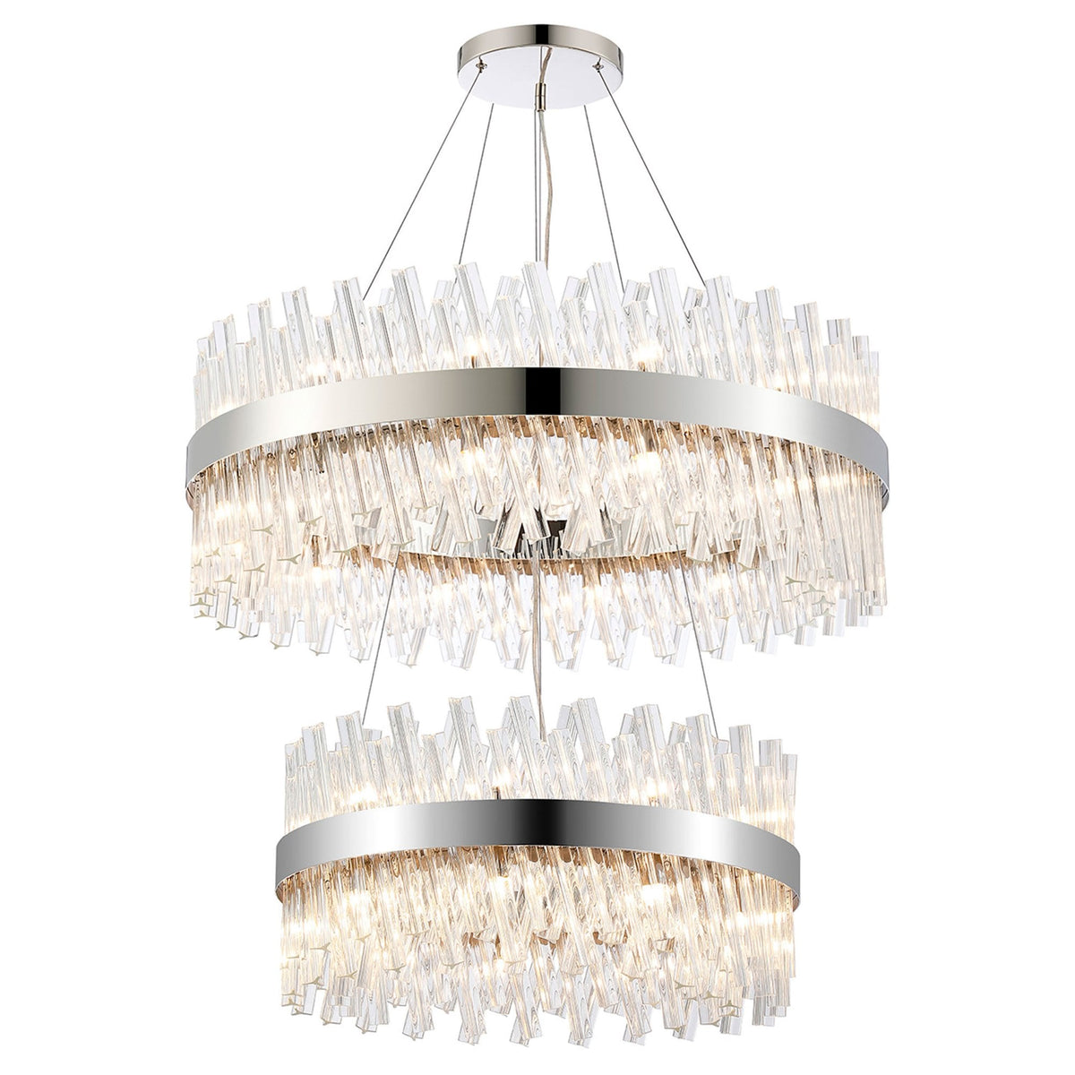 A two-tiered chandelier with clear, rectangular crystal pieces, some slightly angled.