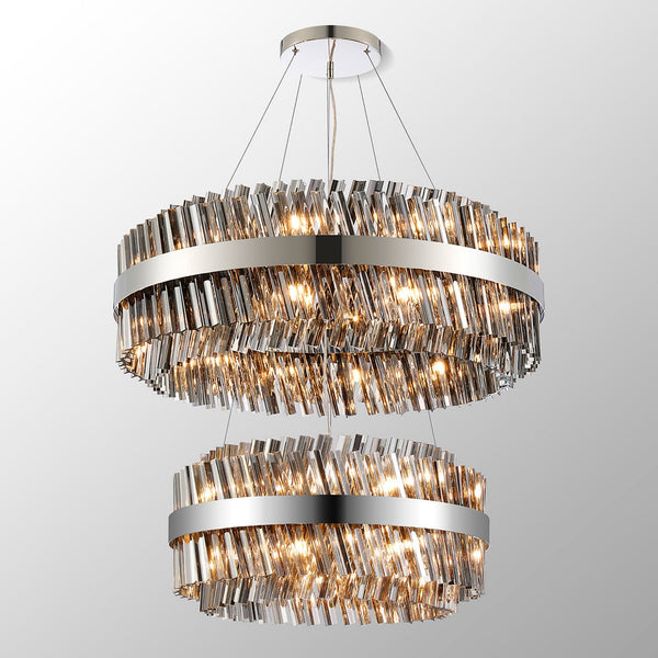 Kelly Two Tier Pendant 60cm & 80cm Tiers in Polished Nickel & Smoke Glass