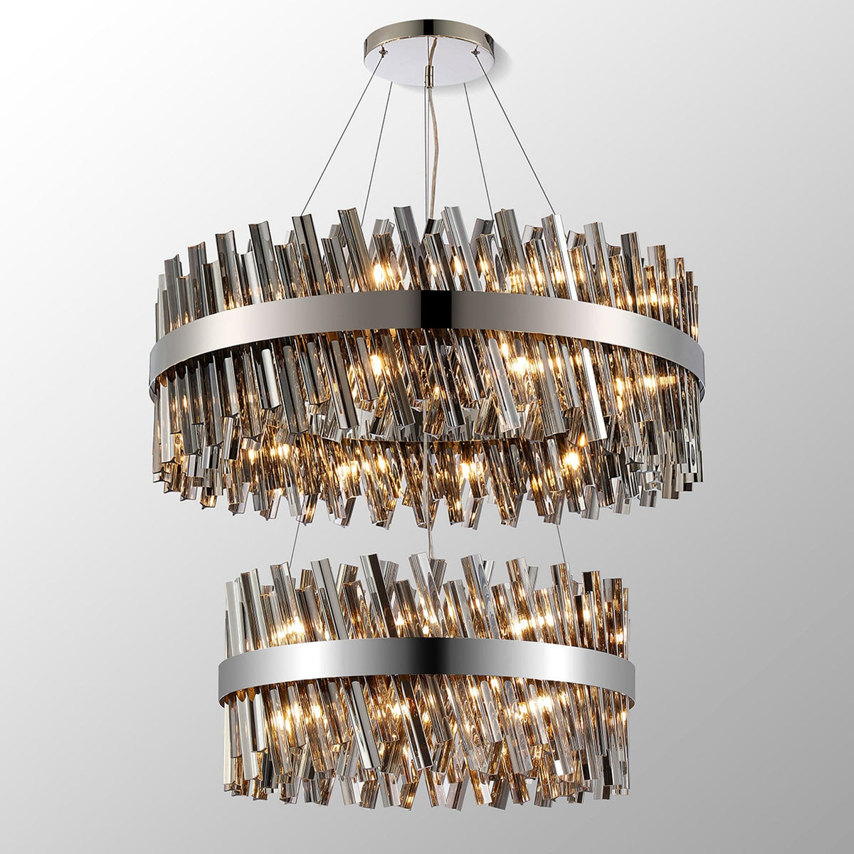 Kelly Two Tier Pendant 60cm & 80cm Tiers in Polished Nickel & Smoke Glass