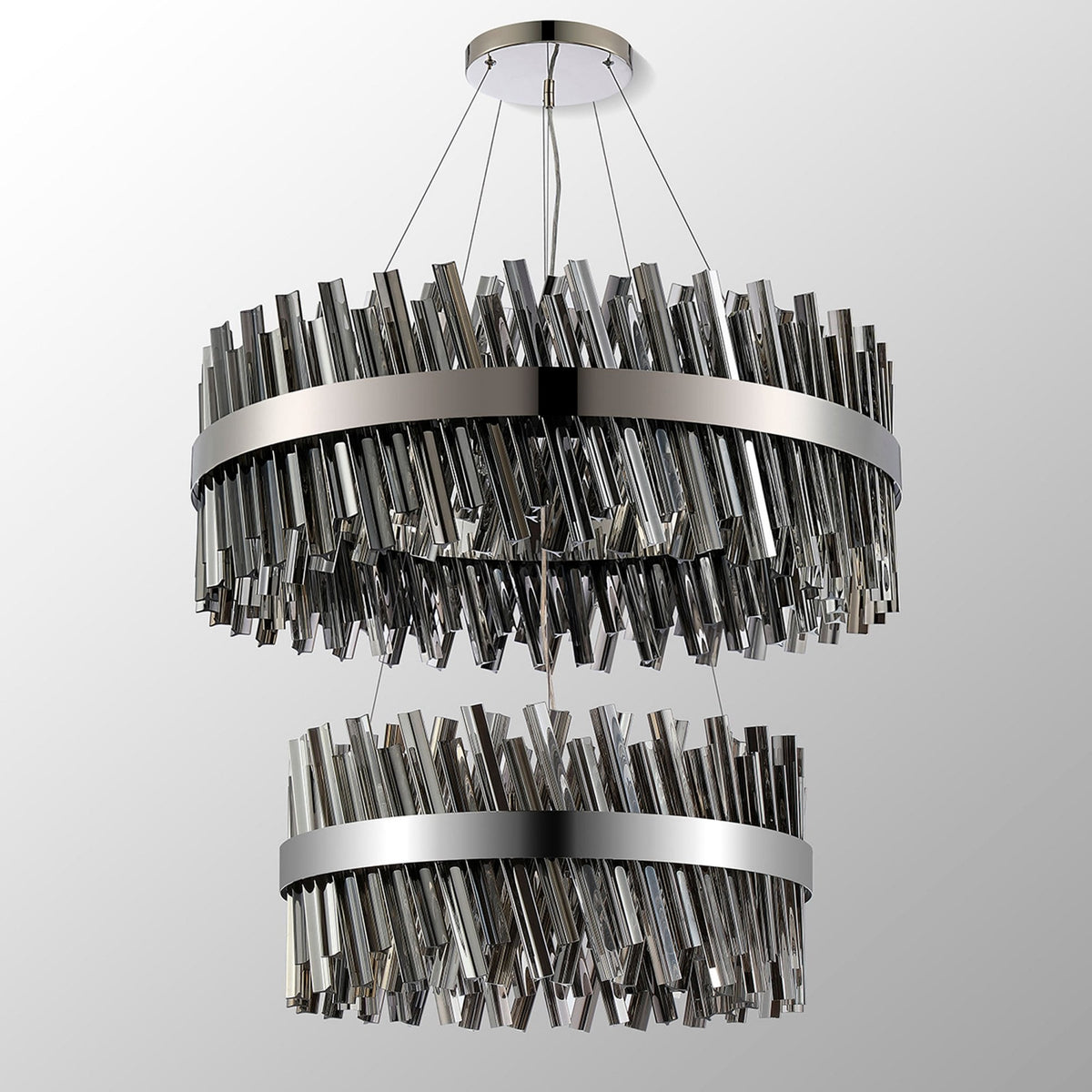Kelly Two Tier Pendant 60cm & 80cm Tiers in Polished Nickel & Smoke Glass