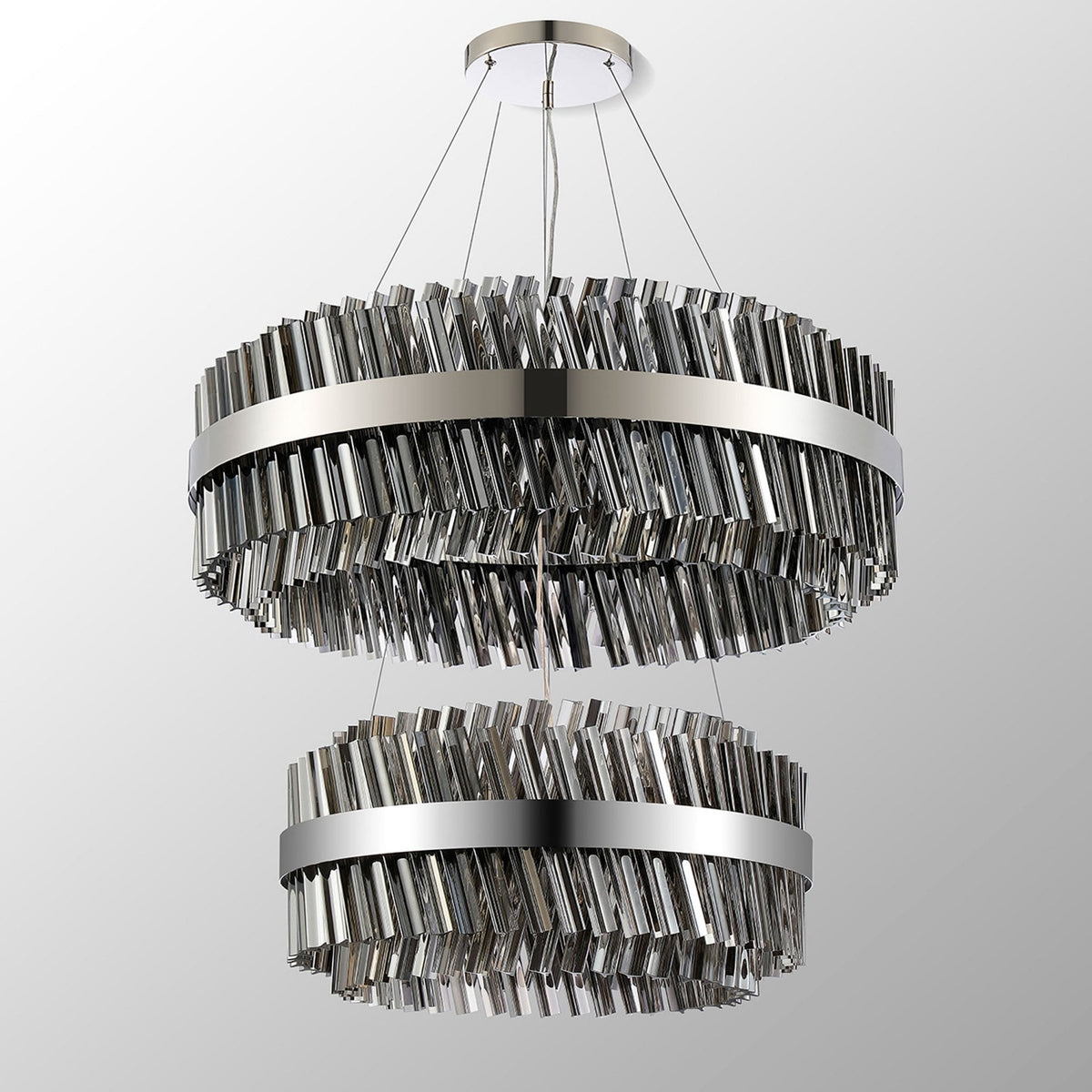Kelly Two Tier Pendant 60cm & 80cm Tiers in Polished Nickel & Smoke Glass