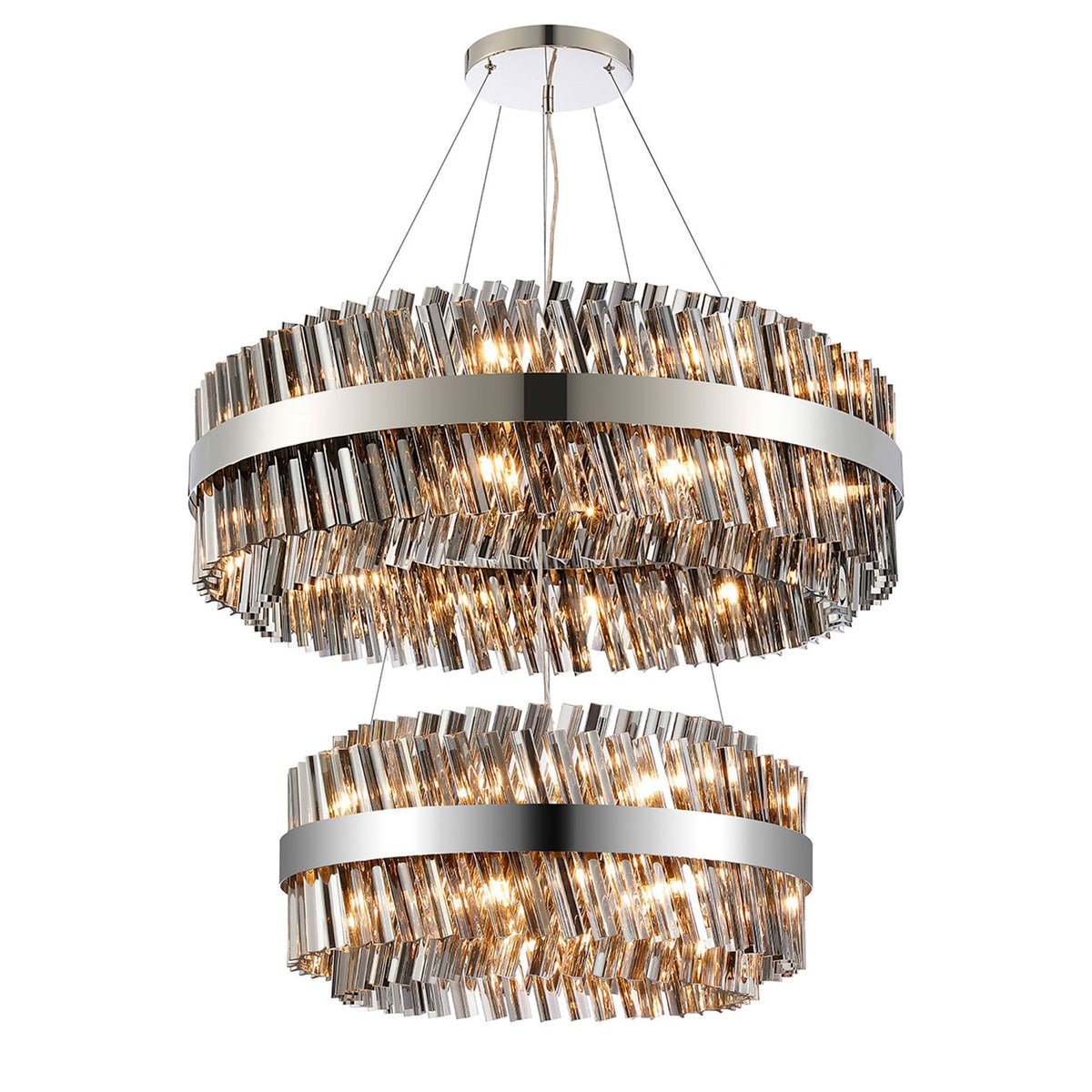 Kelly Two Tier Pendant 60cm & 80cm Tiers in Polished Nickel & Smoke Glass