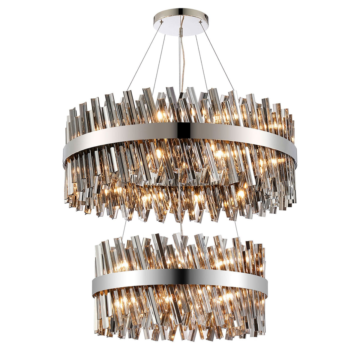 Kelly Two Tier Pendant 60cm & 80cm Tiers in Polished Nickel & Smoke Glass