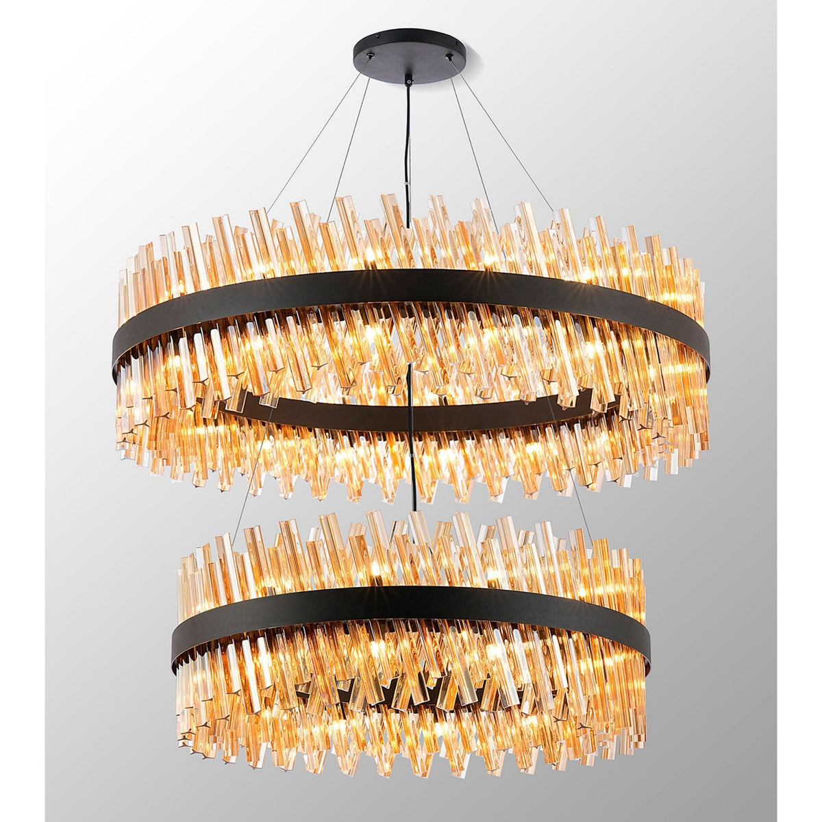 Kelly Two Tier Pendant 80cm & 100cm Tiers in Satin Black & Amber Glass