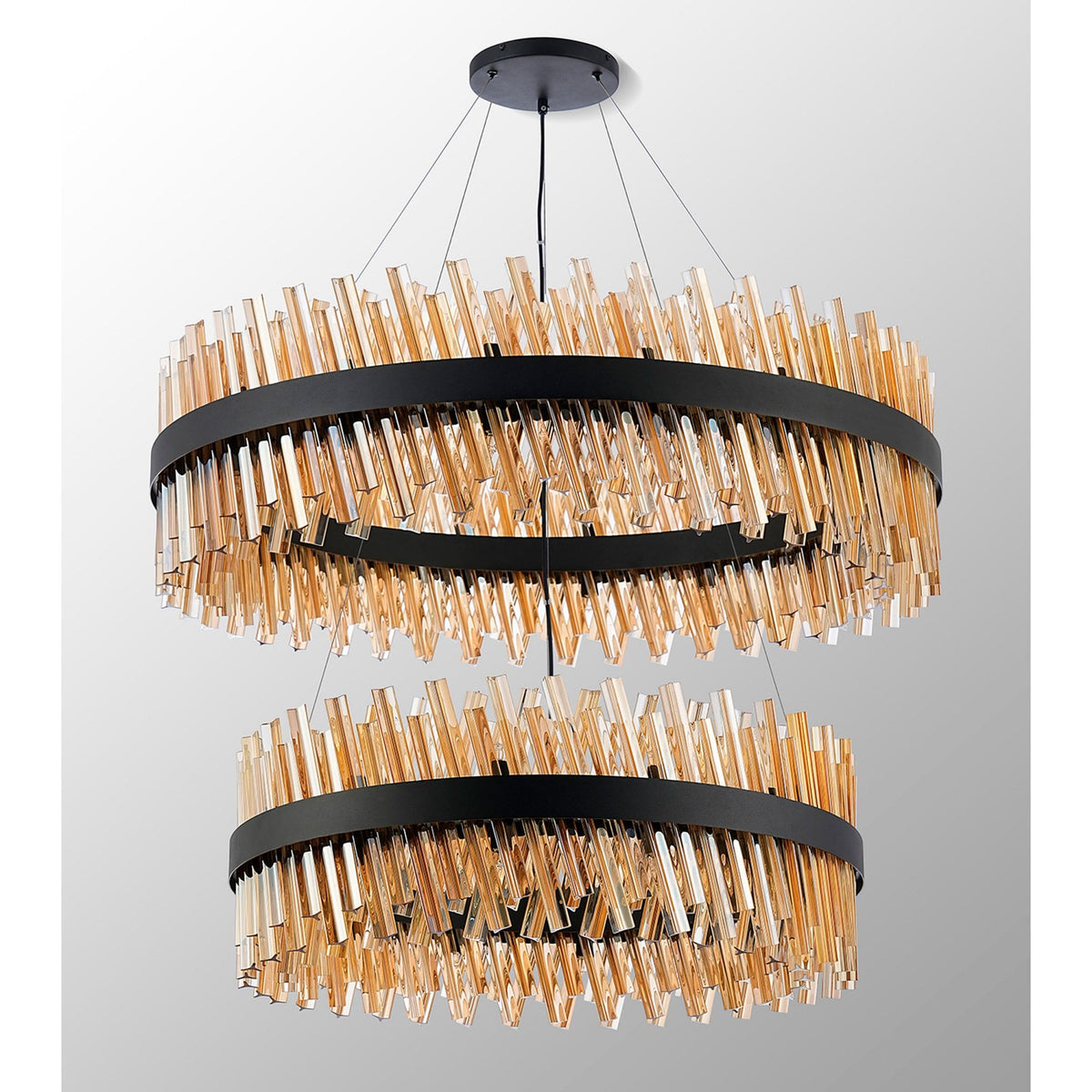 Kelly Two Tier Pendant 80cm & 100cm Tiers in Satin Black & Amber Glass