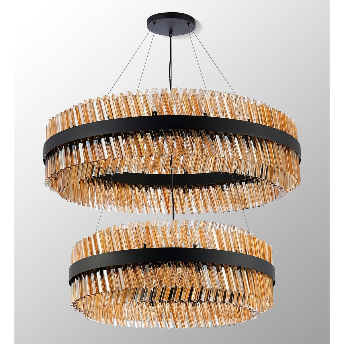 Kelly Two Tier Pendant 80cm & 100cm Tiers in Satin Black & Amber Glass