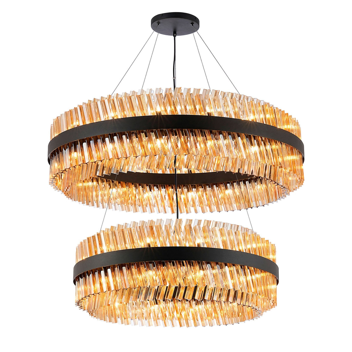 Kelly Two Tier Pendant 80cm & 100cm Tiers in Satin Black & Amber Glass