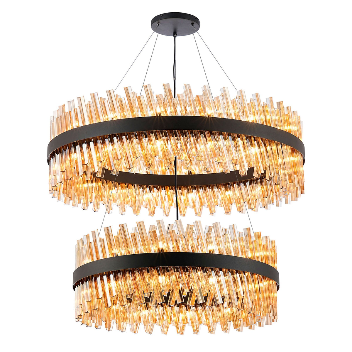Kelly Two Tier Pendant 80cm & 100cm Tiers in Satin Black & Amber Glass