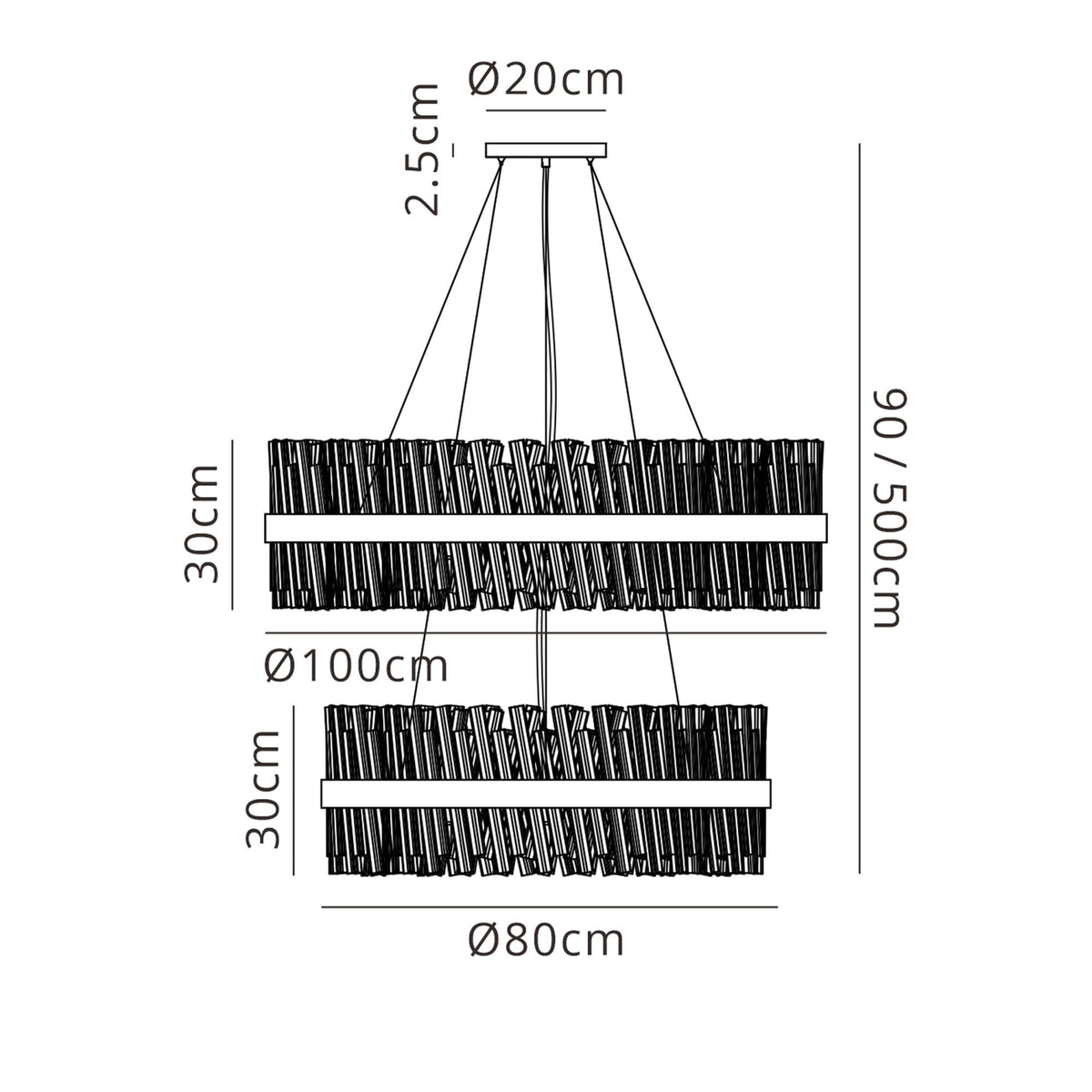 Kelly Two Tier Pendant 80cm & 100cm Tiers in Satin Black & Clear Glass