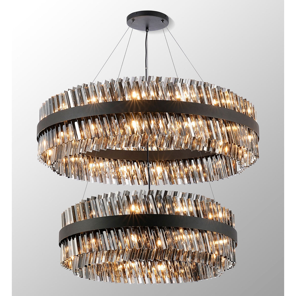 Kelly Two Tier Pendant 80cm & 100cm Tiers in Satin Black & Smoke Glass