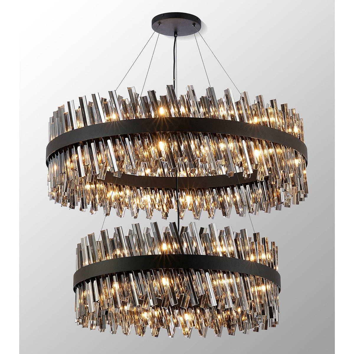 Kelly Two Tier Pendant 80cm & 100cm Tiers in Satin Black & Smoke Glass