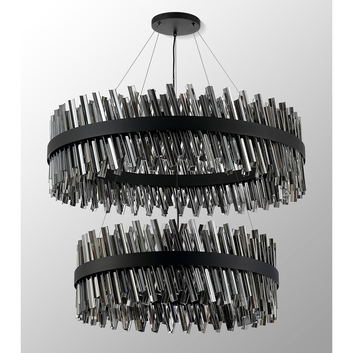 Kelly Two Tier Pendant 80cm & 100cm Tiers in Satin Black & Smoke Glass