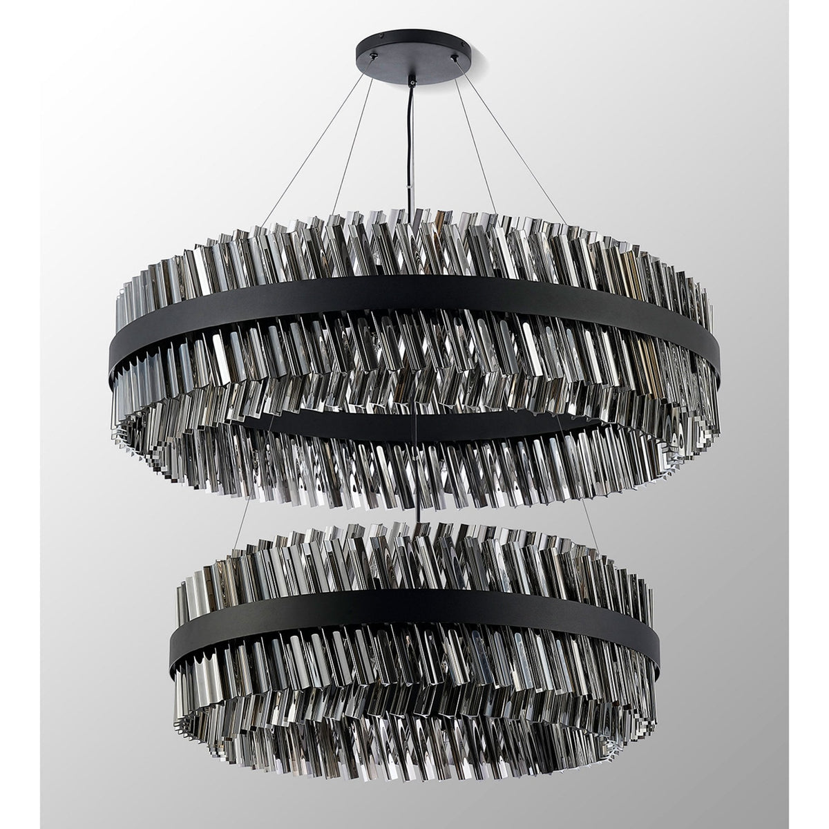 Kelly Two Tier Pendant 80cm & 100cm Tiers in Satin Black & Smoke Glass