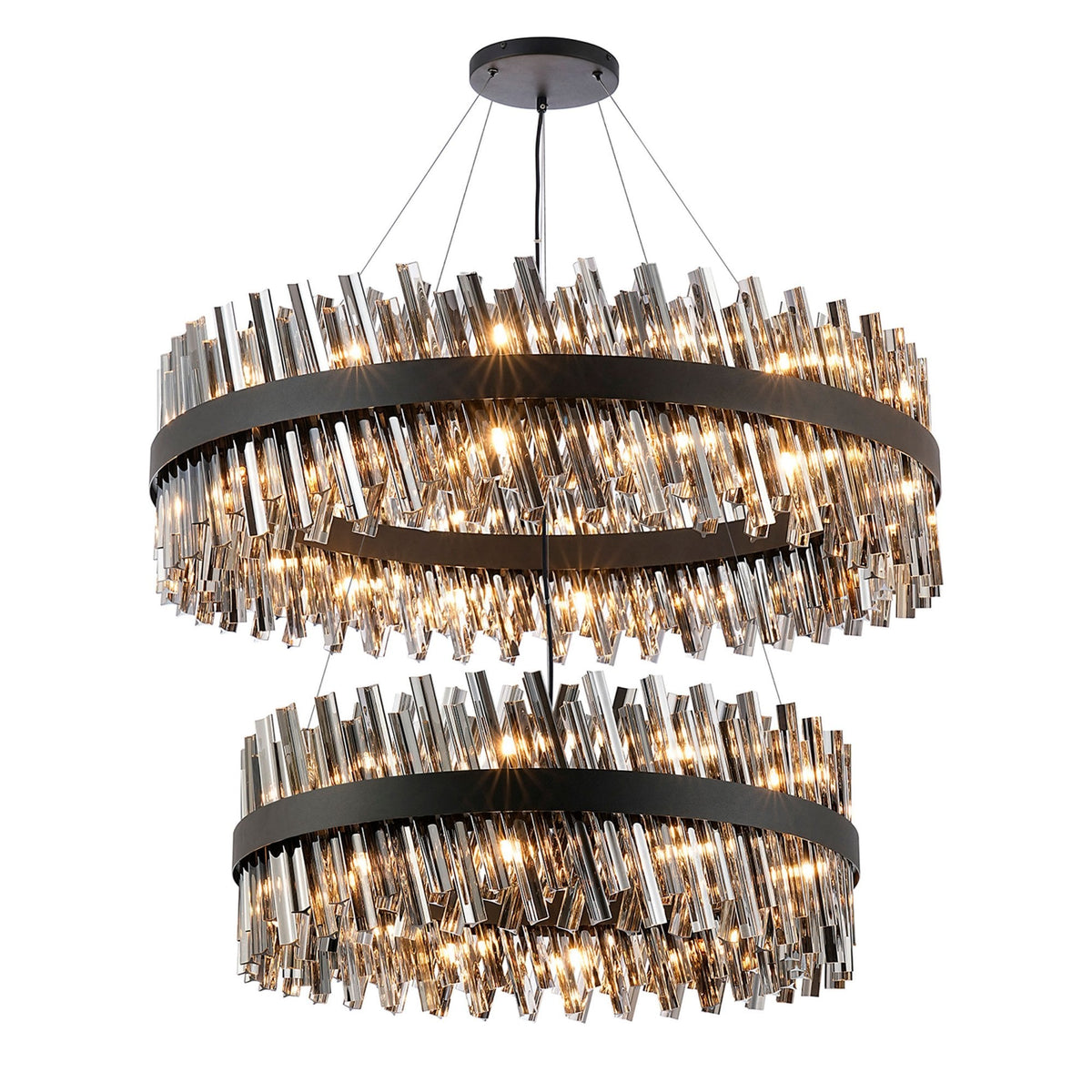 Kelly Two Tier Pendant 80cm & 100cm Tiers in Satin Black & Smoke Glass