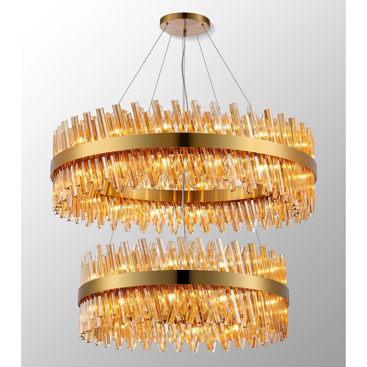 Kelly Two Tier Pendant 80cm & 100cm Tiers in Brass & Amber Glass