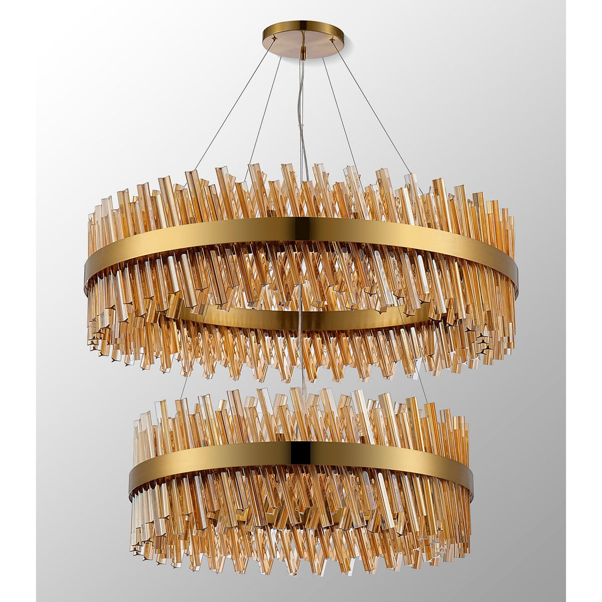 Kelly Two Tier Pendant 80cm & 100cm Tiers in Brass & Amber Glass