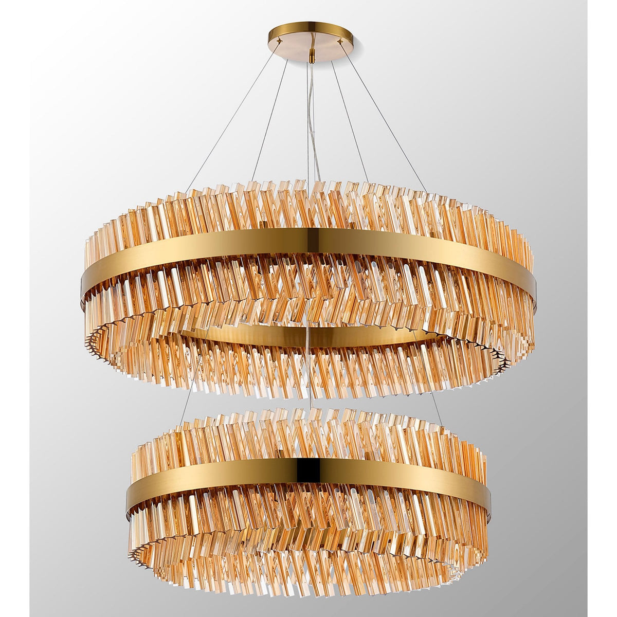 Kelly Two Tier Pendant 80cm & 100cm Tiers in Brass & Amber Glass