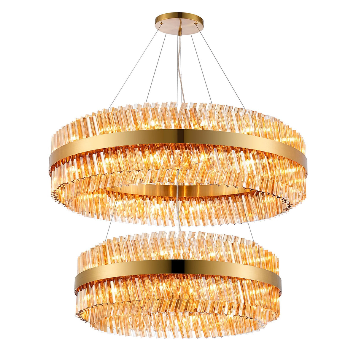 Kelly Two Tier Pendant 80cm & 100cm Tiers in Brass & Amber Glass