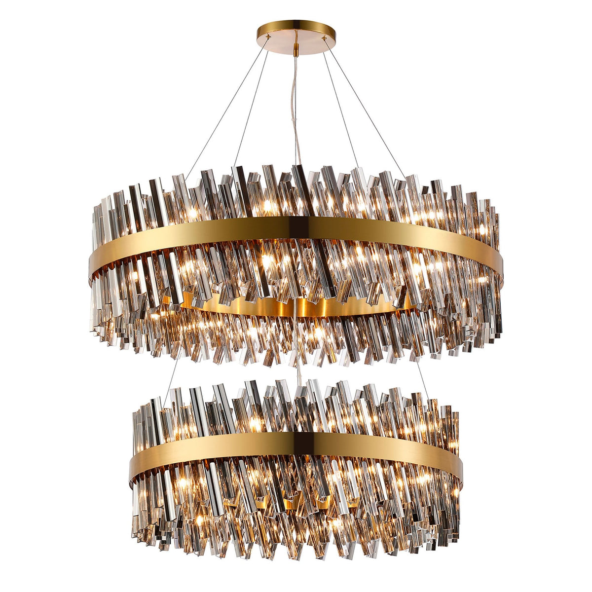 Kelly Two Tier Pendant 80cm & 100cm Tiers in Brass & Smoke Glass