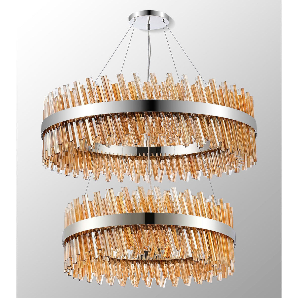 Kelly Two Tier Pendant 80cm & 100cm Tiers in Polished Nickel & Amber Glass