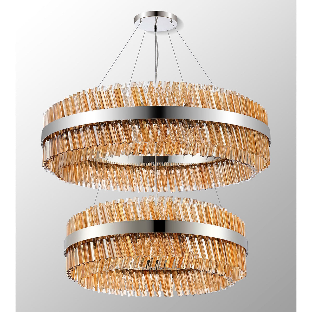 Kelly Two Tier Pendant 80cm & 100cm Tiers in Polished Nickel & Amber Glass