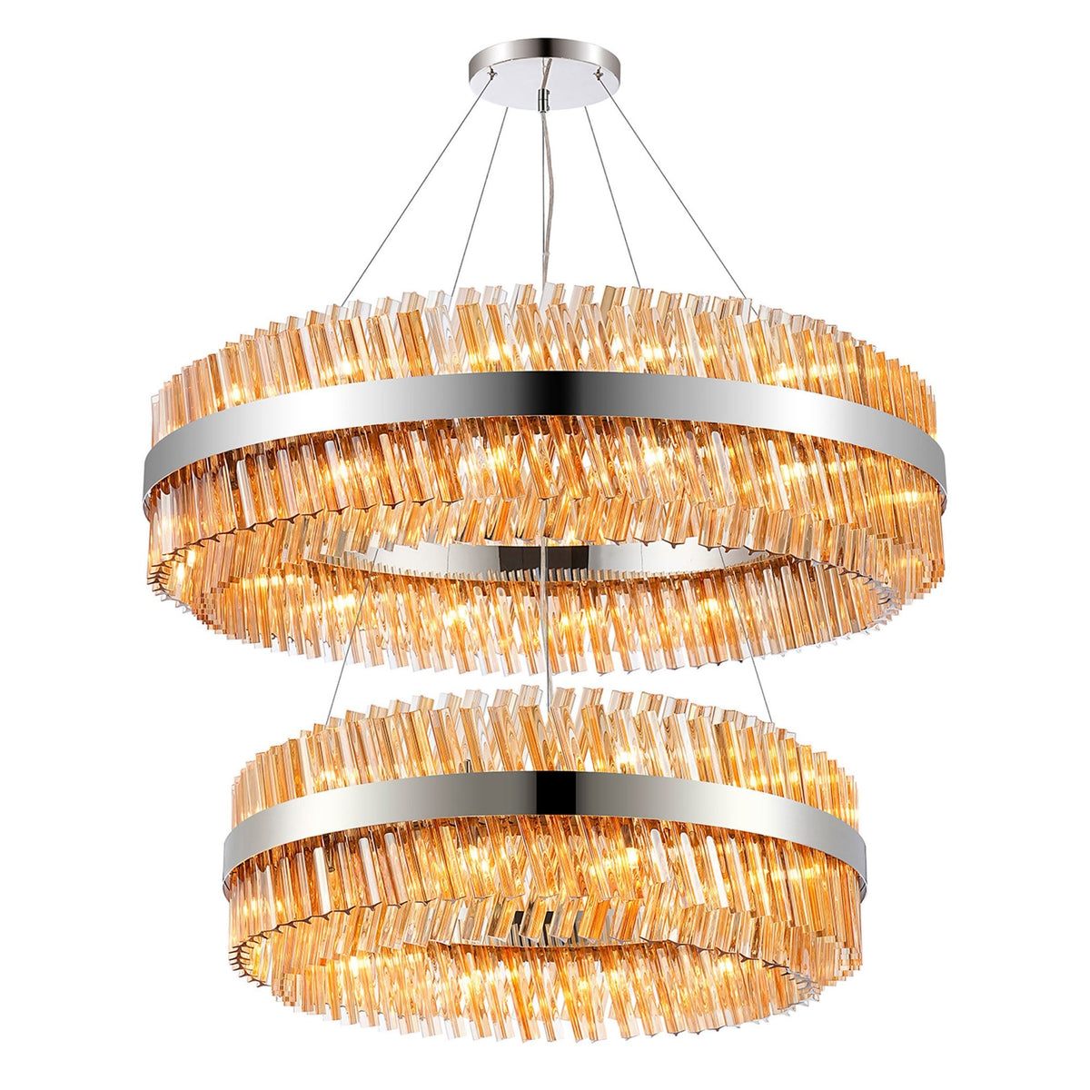 Kelly Two Tier Pendant 80cm & 100cm Tiers in Polished Nickel & Amber Glass
