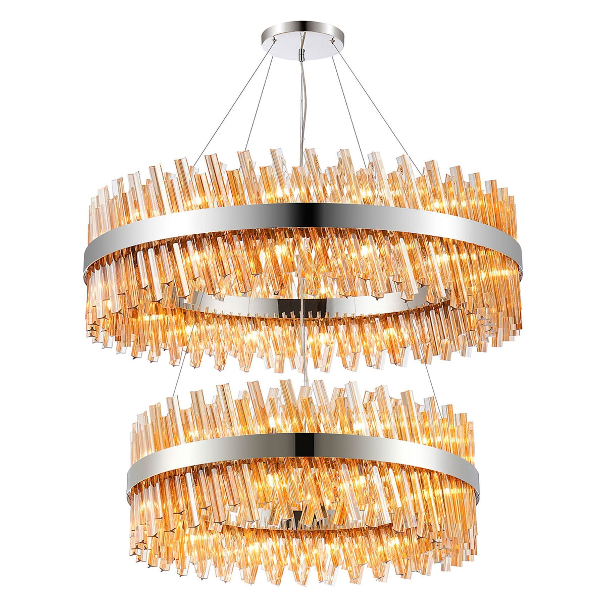 Kelly Two Tier Pendant 80cm & 100cm Tiers in Polished Nickel & Amber Glass