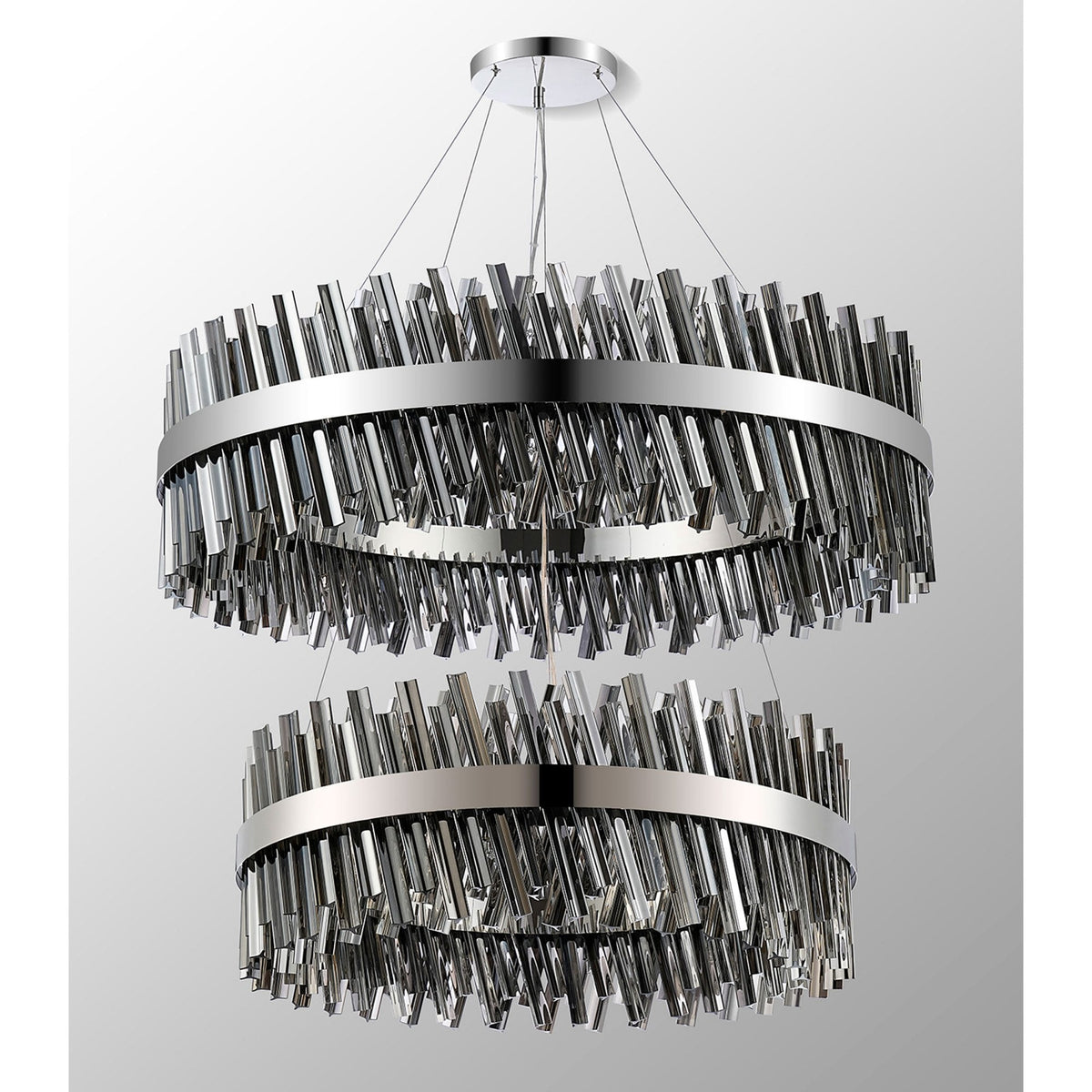 Kelly Two Tier Pendant 80cm & 100cm Tiers in Polished Nickel & Smoke Glass