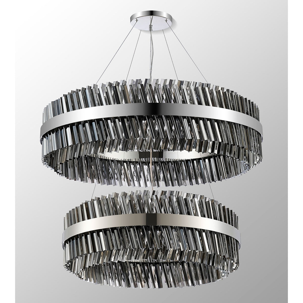Kelly Two Tier Pendant 80cm & 100cm Tiers in Polished Nickel & Smoke Glass