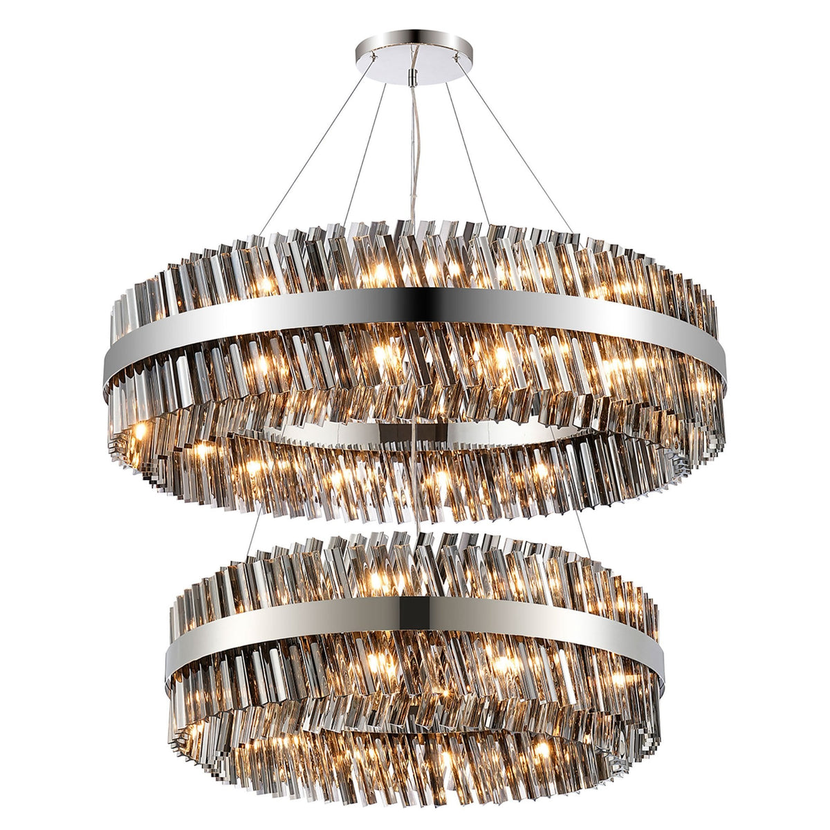Kelly Two Tier Pendant 80cm & 100cm Tiers in Polished Nickel & Smoke Glass