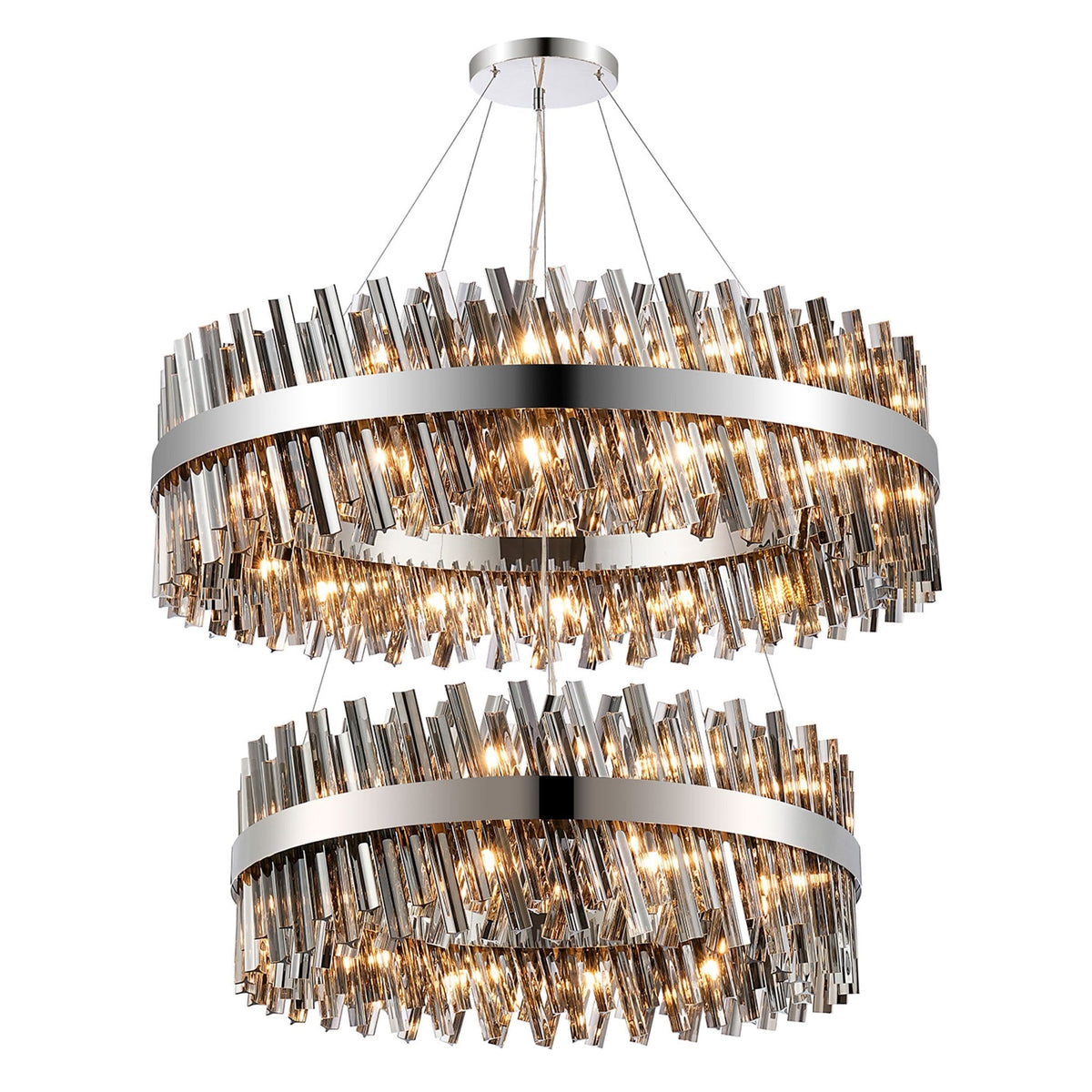Kelly Two Tier Pendant 80cm & 100cm Tiers in Polished Nickel & Smoke Glass