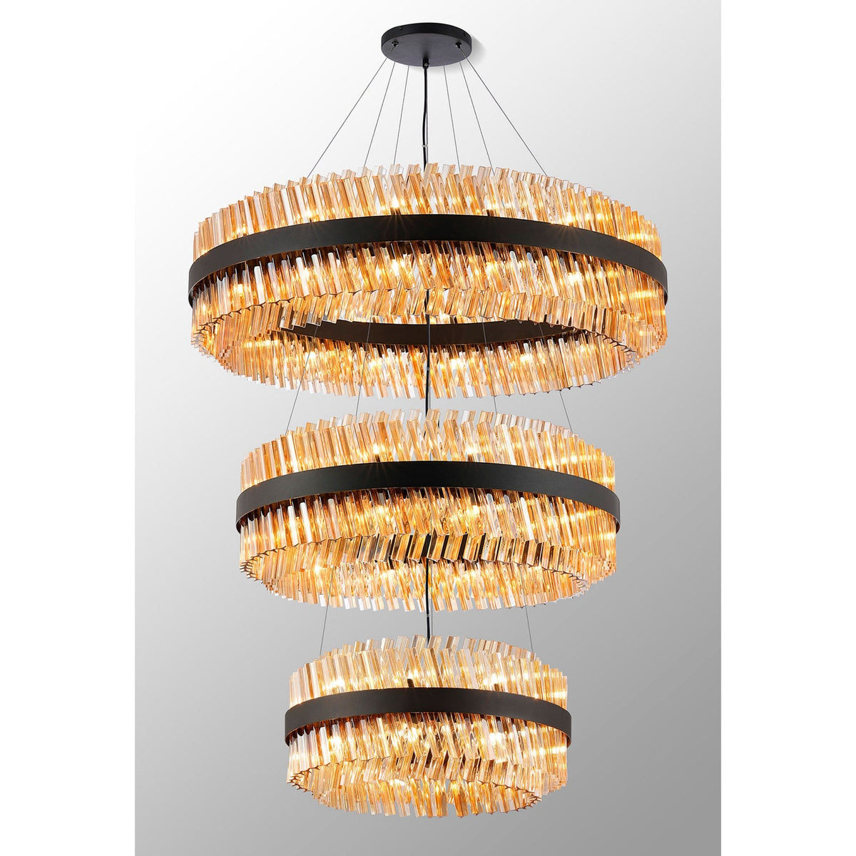 Kelly Three Tier Pendant 60cm, 80cm & 100cm Tiers in Satin Black & Amber Glass