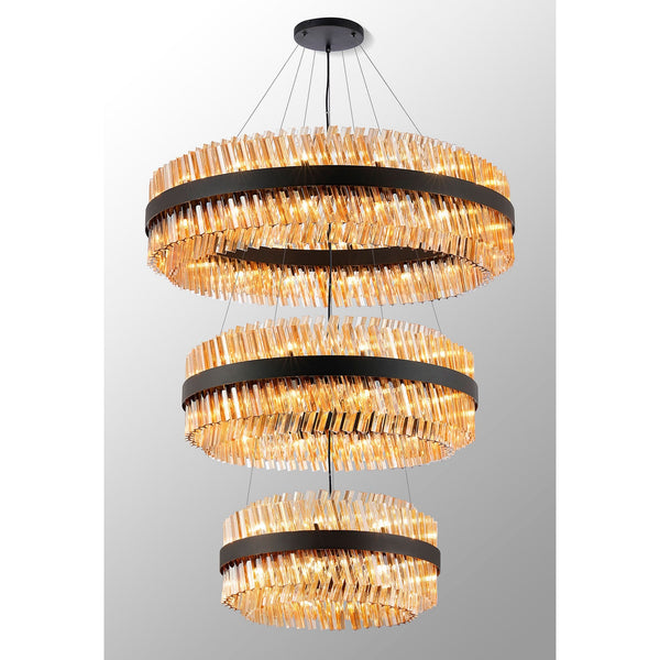Kelly Three Tier Pendant 60cm, 80cm & 100cm Tiers in Satin Black & Amber Glass