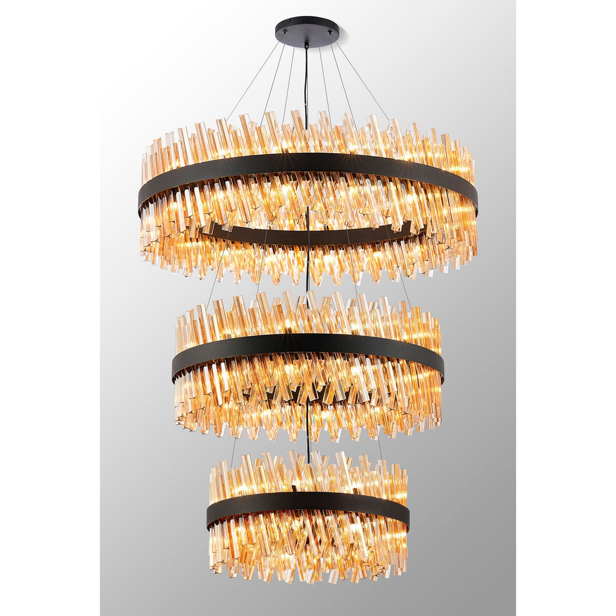 Kelly Three Tier Pendant 60cm, 80cm & 100cm Tiers in Satin Black & Amber Glass