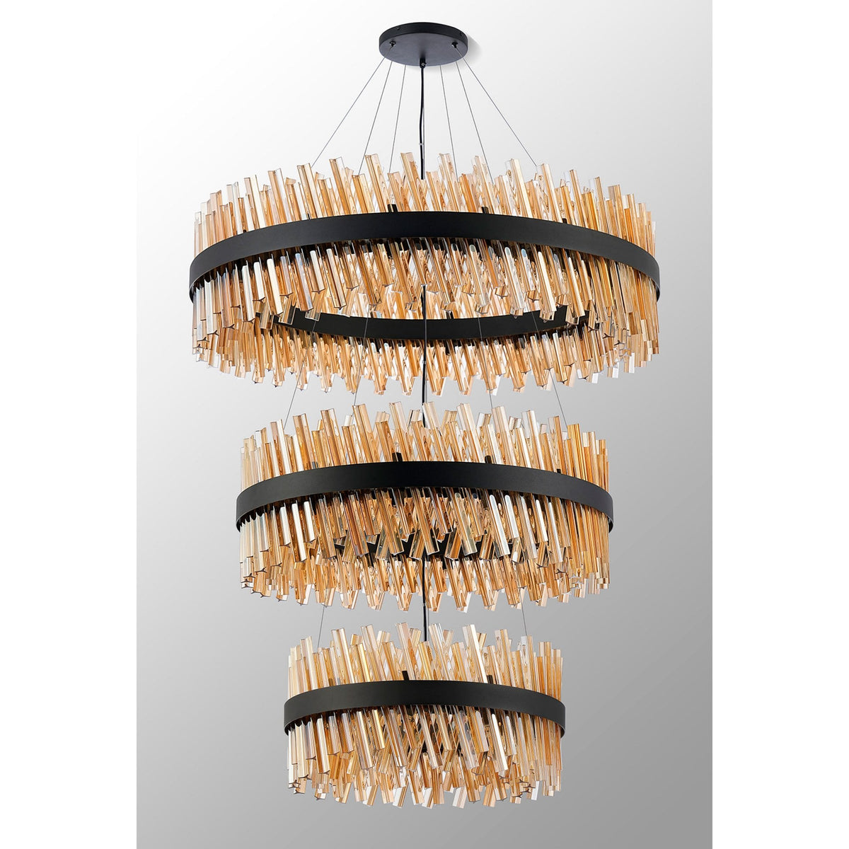 Kelly Three Tier Pendant 60cm, 80cm & 100cm Tiers in Satin Black & Amber Glass