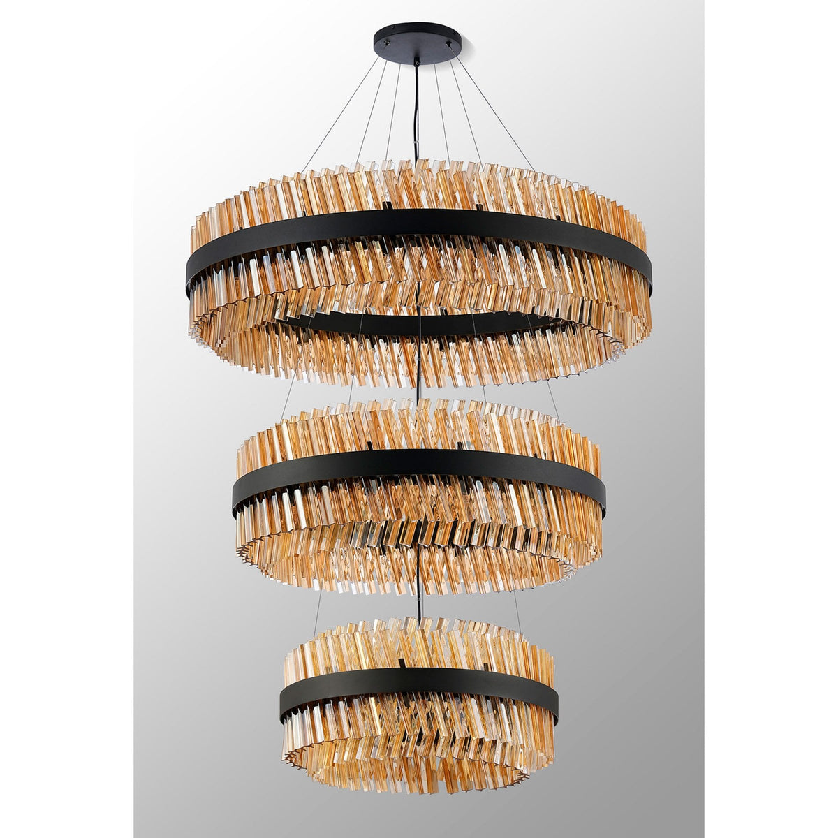 Kelly Three Tier Pendant 60cm, 80cm & 100cm Tiers in Satin Black & Amber Glass