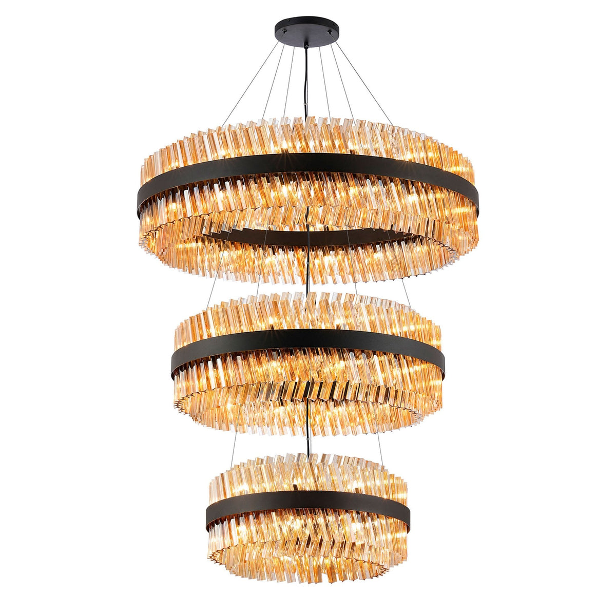 Kelly Three Tier Pendant 60cm, 80cm & 100cm Tiers in Satin Black & Amber Glass