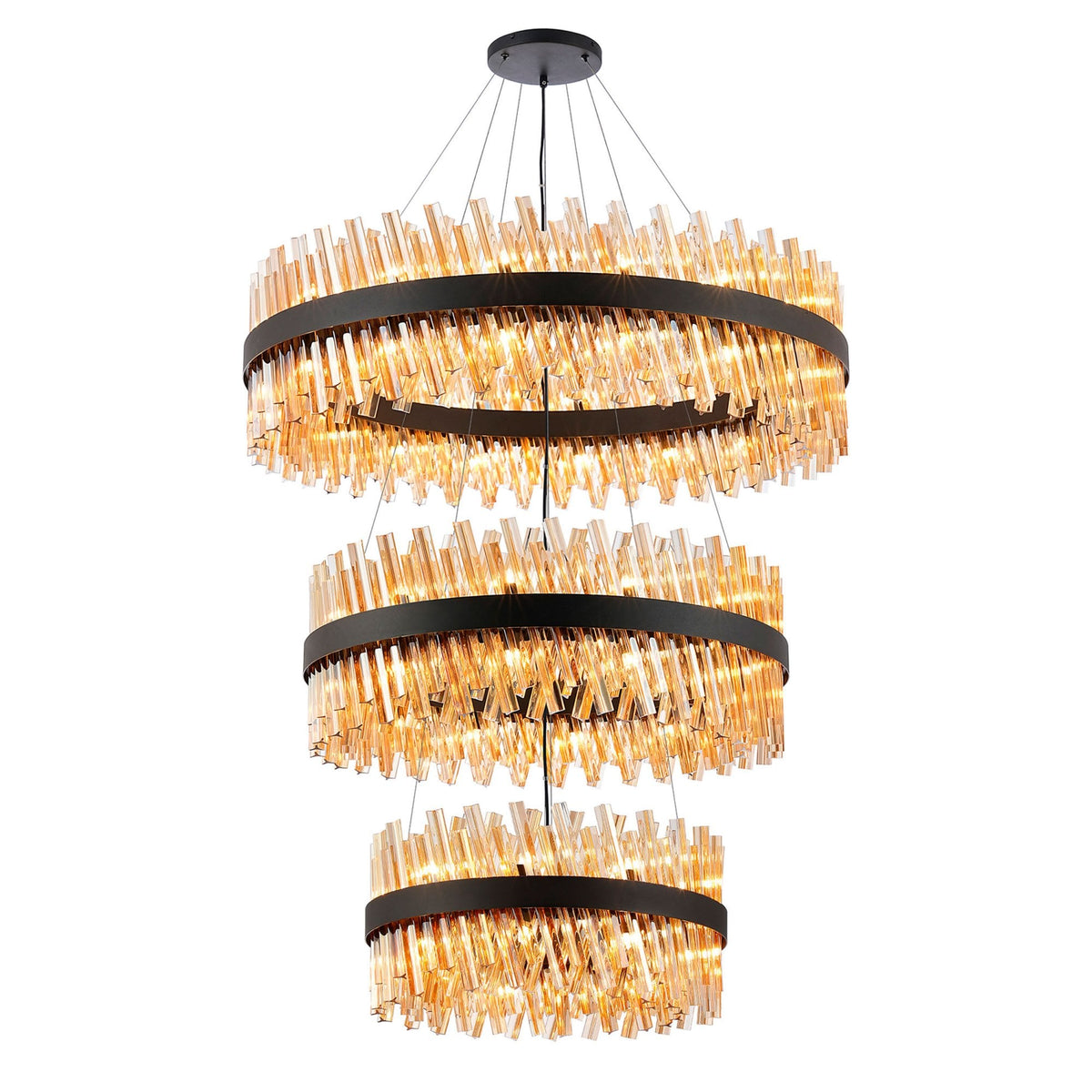 Kelly Three Tier Pendant 60cm, 80cm & 100cm Tiers in Satin Black & Amber Glass