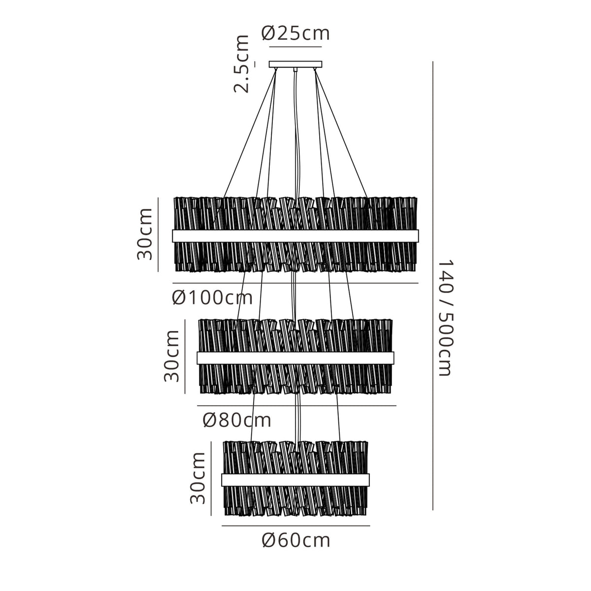 Kelly Three Tier Pendant 60cm, 80cm & 100cm Tiers in Satin Black & Clear Glass