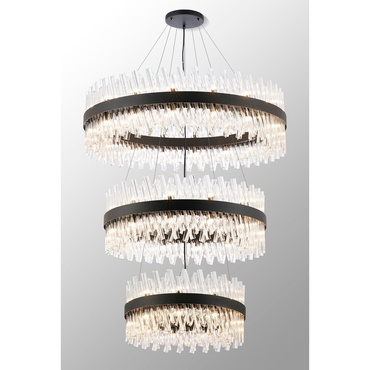 Kelly Three Tier Pendant 60cm, 80cm & 100cm Tiers in Satin Black & Clear Glass