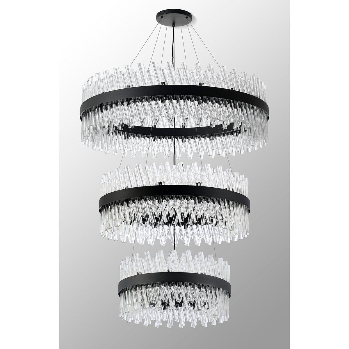 Kelly Three Tier Pendant 60cm, 80cm & 100cm Tiers in Satin Black & Clear Glass