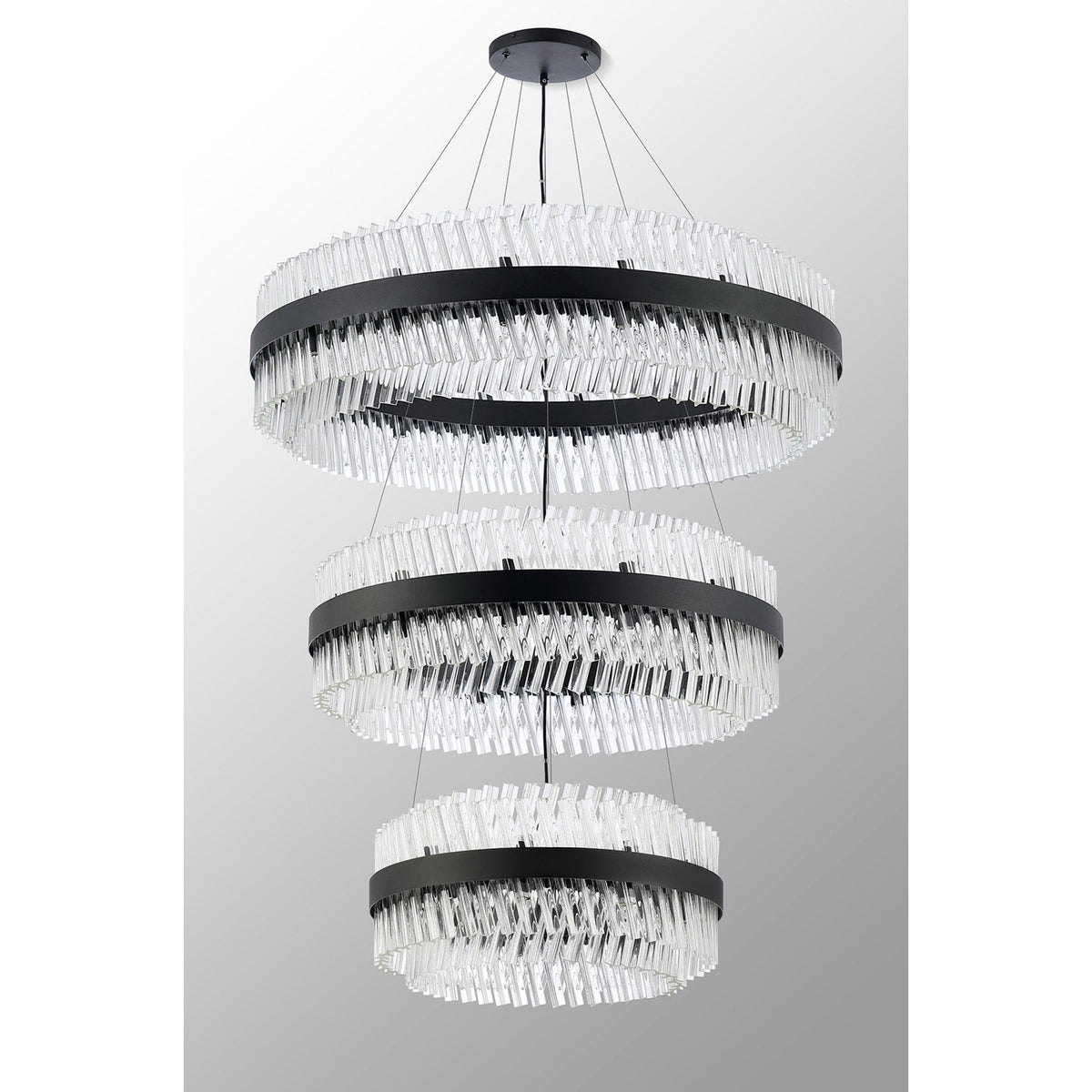 Kelly Three Tier Pendant 60cm, 80cm & 100cm Tiers in Satin Black & Clear Glass