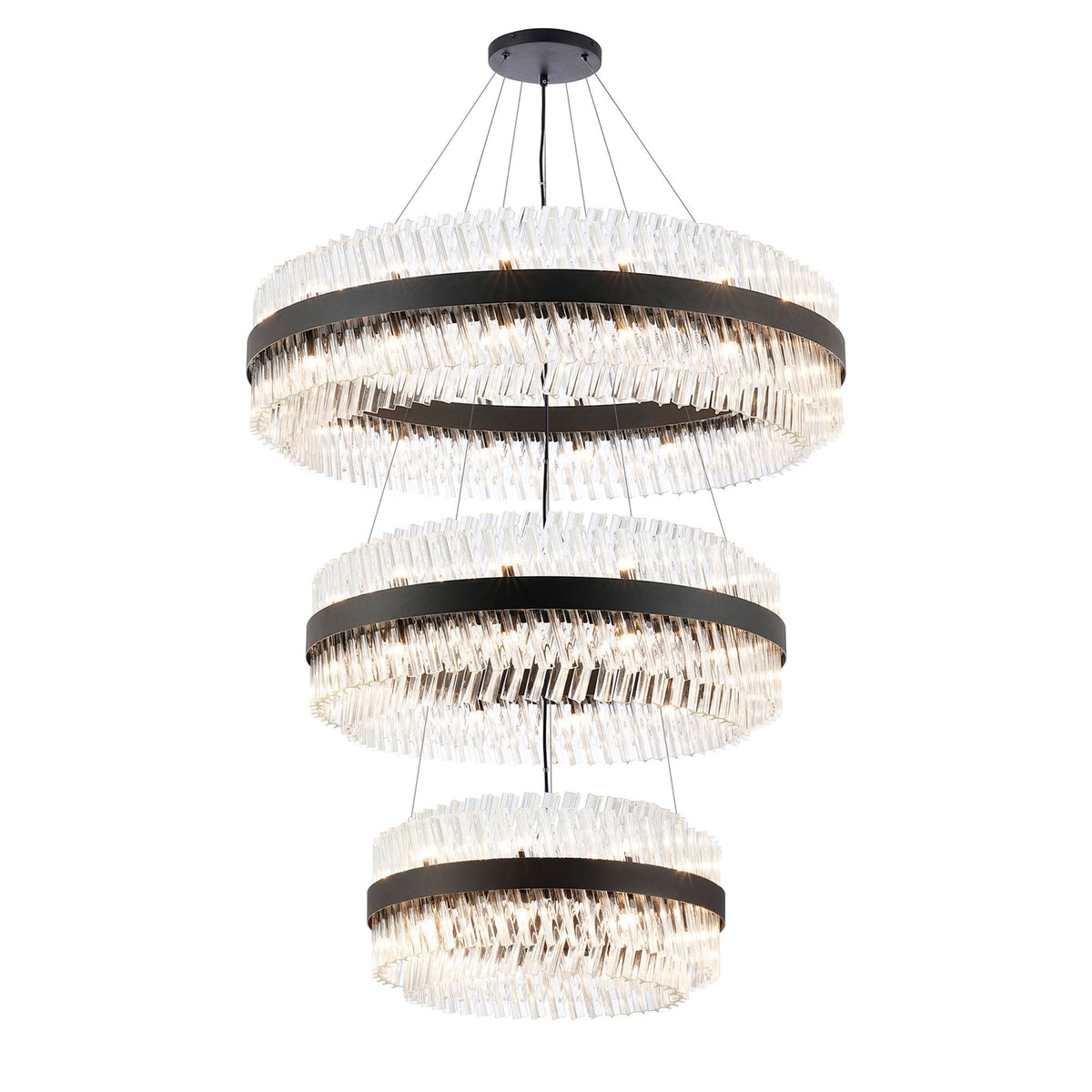 Kelly Three Tier Pendant 60cm, 80cm & 100cm Tiers in Satin Black & Clear Glass