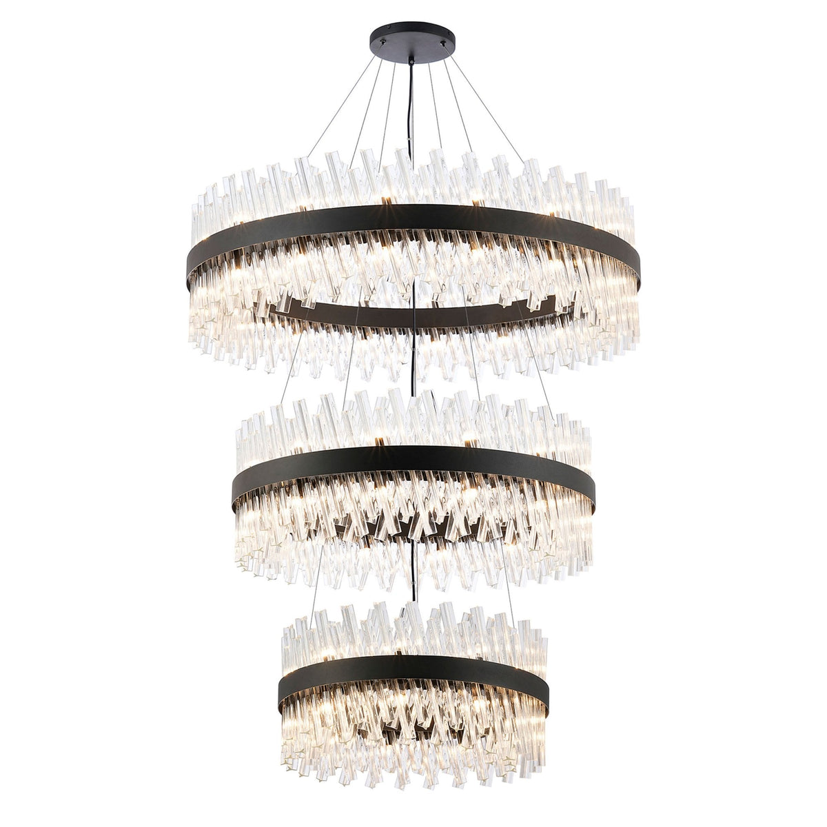 Kelly Three Tier Pendant 60cm, 80cm & 100cm Tiers in Satin Black & Clear Glass