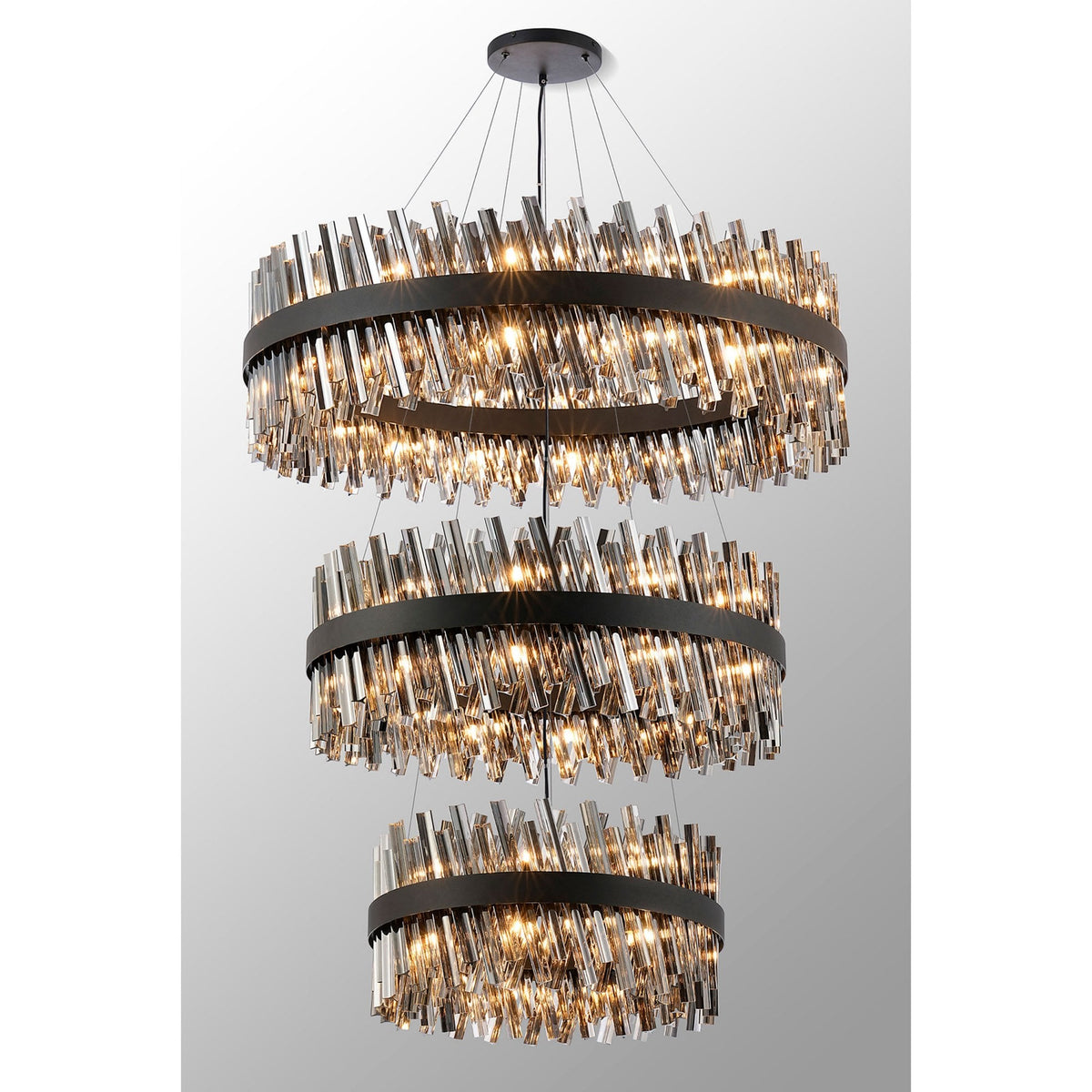 Kelly Three Tier Pendant 60cm, 80cm & 100cm Tiers in Satin Black & Smoke Glass