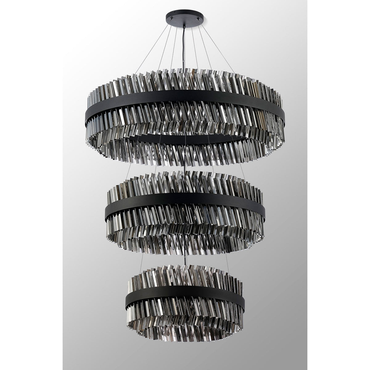 Kelly Three Tier Pendant 60cm, 80cm & 100cm Tiers in Satin Black & Smoke Glass