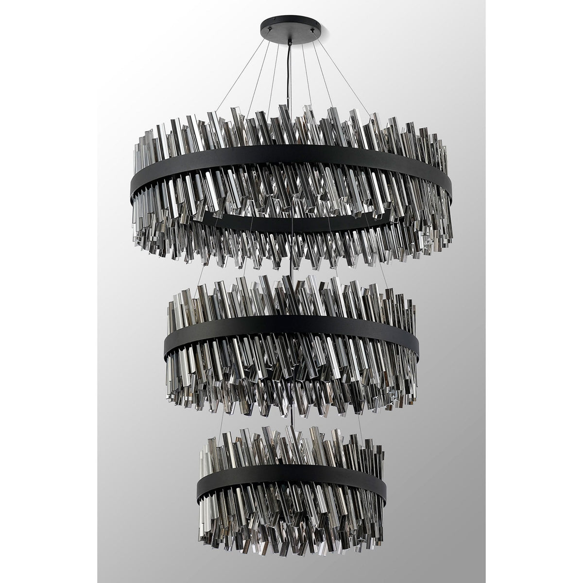 Kelly Three Tier Pendant 60cm, 80cm & 100cm Tiers in Satin Black & Smoke Glass