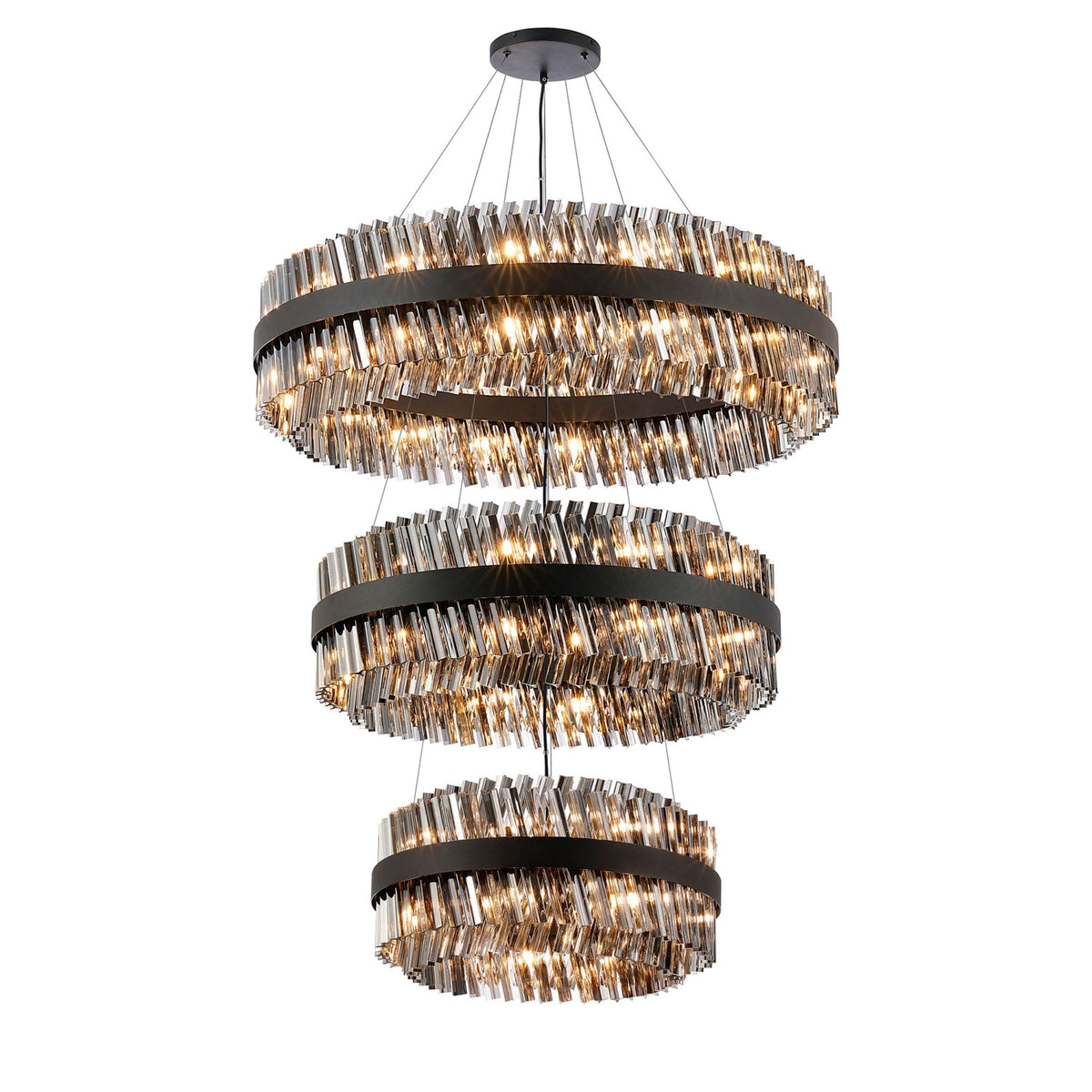 Kelly Three Tier Pendant 60cm, 80cm & 100cm Tiers in Satin Black & Smoke Glass
