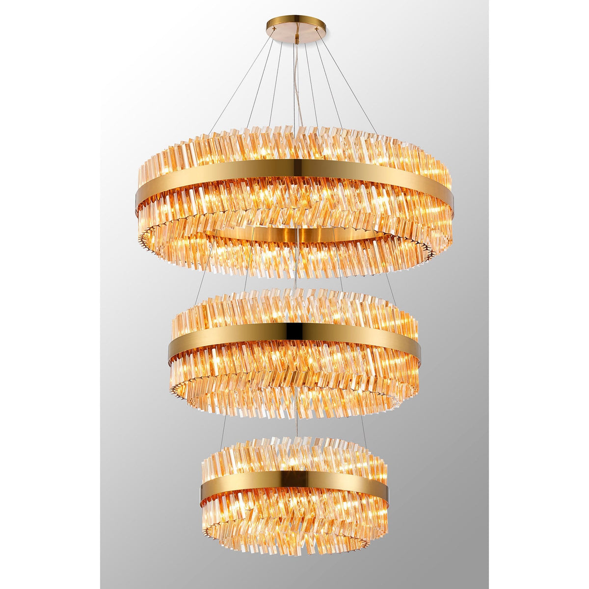 Kelly Three Tier Pendant 60cm, 80cm & 100cm Tiers in Brass & Amber Glass