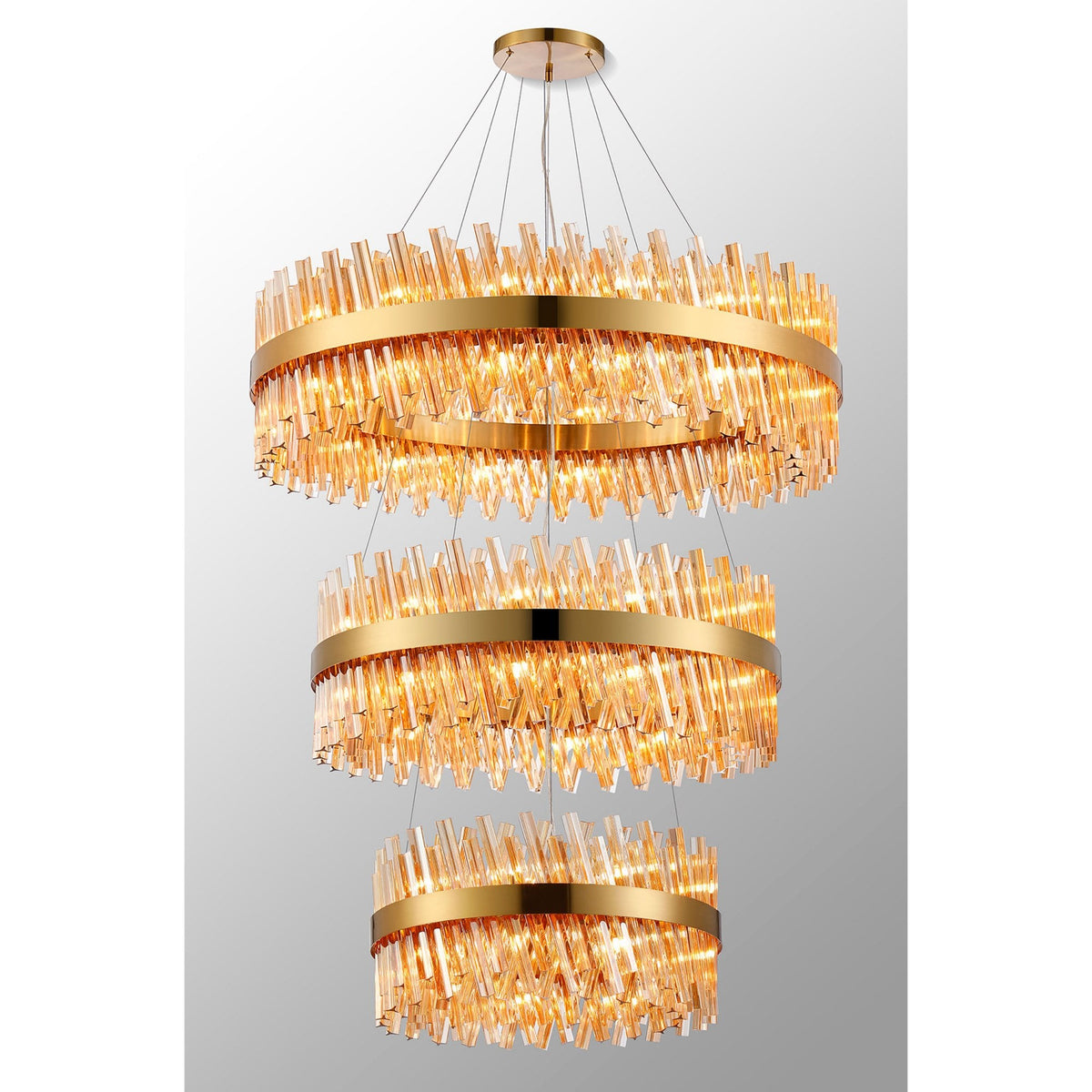 Kelly Three Tier Pendant 60cm, 80cm & 100cm Tiers in Brass & Amber Glass